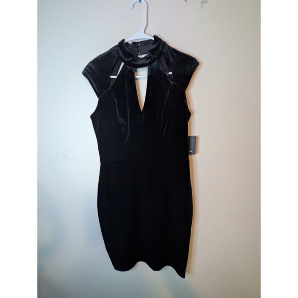 Marina Dresses Black Velvet Cutout Mock Neck Cap Sleeve‎ Sheath Mini Dress